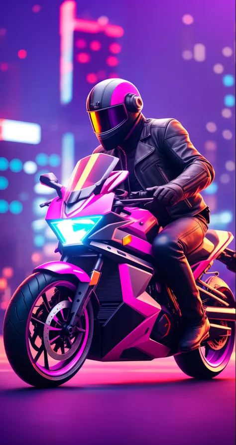 cyberpunk theme, man wearing black leather gloves black closed leather jacket and black leather pants black closed motorcycle helmet, holding a pistol and cyberpunk background with flying cars buildings and futuristic ships purple and pink lights, purple i...