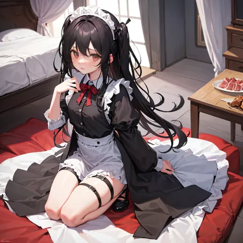 black long hair lori, wearing a maid outfit, kneeling, legs and five fingers, more meat, cute 2d, background backlighthd