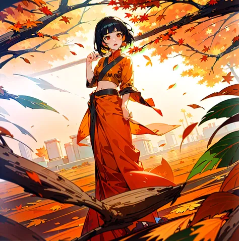 Ayaka face Genshin Impact, (((Indian anime Girl))), Anime girl, anime style, short hair, black hair, red dreamy eyes, ((orange saree)), blouse, wearing saree and blouse, Different Angles, realistic, 8k, masterpiece, ultra realistic, (artwork in the style o...