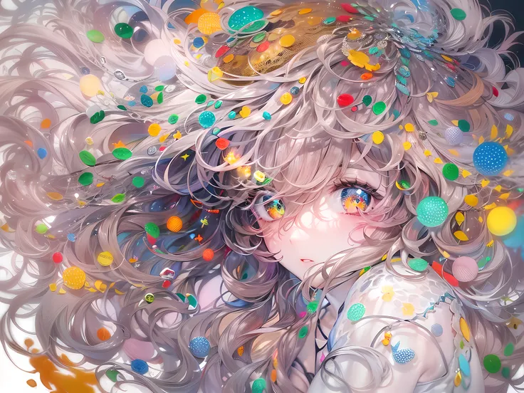 (((Masterpiece))),(((Best quality))),((Ultra-detailed)),(illustration),(Dynamic Angle), ((Floating)),(Paint),((Disheveled hair)), (Solo),(1girll), (((Detailed anima face))),((Beautiful detailed face)),Collar,Bare shoulders,  random hair, ((Colorful hair)),...