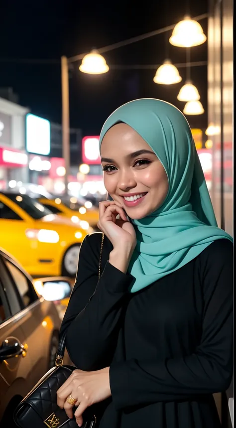 Malay girl in hijab, wear gold ball gown dress , laughing and posing with both hand on top of her head, touching her own head, wear LV handbag, front view, hijab blown, windy, detail skin, age spot, detail skin texture, mole below eyes, small breast, flat ...