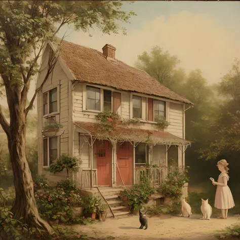 Vintage house with a girl and a cat