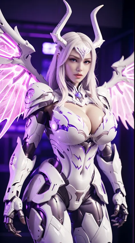 (DRAGON HEAD), HUGE FAKE BOOBS, (BEAUTIFUL FACE), (WHITE HAIR), (PURPLE:1.2, WHITE:0.8, RGB:1), (MECHA ARMORED GEAR), (((A PAIR OF HUGE MECHANICAL WINGS SPREAD OUT))), FUTURISTIC DRAGON MECHA SUIT, (CLEAVAGE), (SKINTIGHT YOGA PANTS), (PERFECT BODY:1.2), (F...