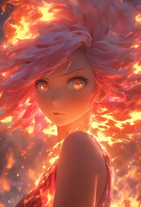 1 Pink haired girl in flame dress, glowing hairs,Burning hair, Bright red gemstone eyes，Beautiful art UHD 4 K, En plein air, a sea of fire, Beautiful character, Beautiful portrait, Expressive, painting of beautiful, 
expressive beautiful portrait, Side lig...