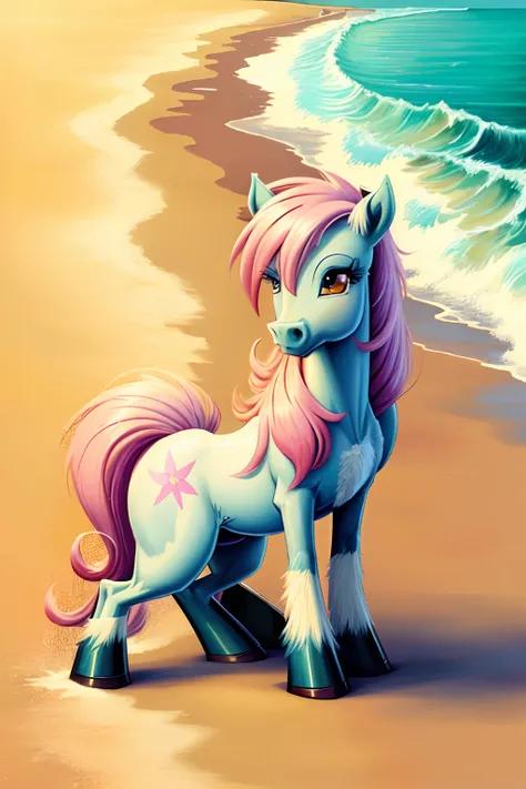 An oil painting of the character fluttershy pony from the cartoon My little pony, pony beach Pegasus, animal pony