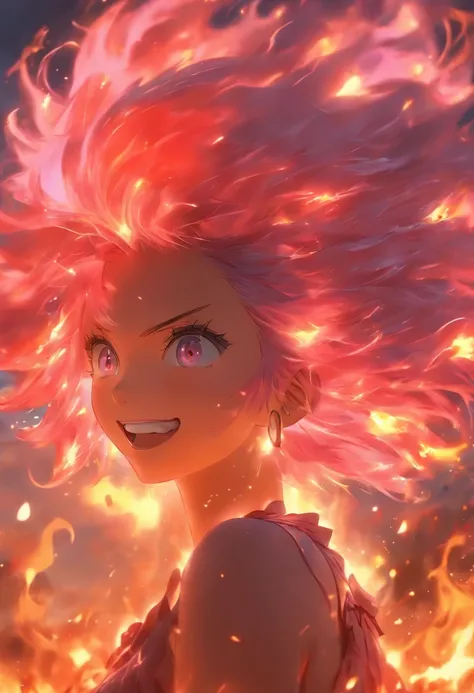 1 girl with pink hair in flame dress, glowing hairs,Burning hair, Bright red gemstone eyes,Smooth skin,Bad smile,Beautiful art UHD 4 K, En plein air, a sea of fire, Beautiful character, Beautiful portrait, Expressive, painting of beautiful, 
expressive bea...