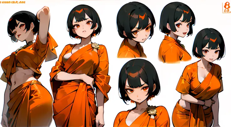 ((((Character Design Sheet)))), Hd closeup face of Yoko Geetha, (((Different facial expressions))), (((different poses))) anime style, short hair, (black hair), dreamy eyes, red-orange eyes, ((orange saree)), blouse, ((wearing saree and blouse)), (((Differ...