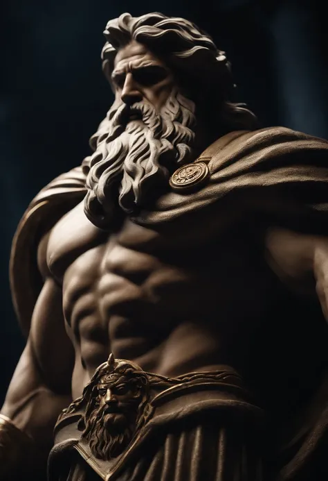 Zeus ruler of other Greek gods which is Greek historical status with Muscles from the profile of Hercules 8k cinematic and dark background