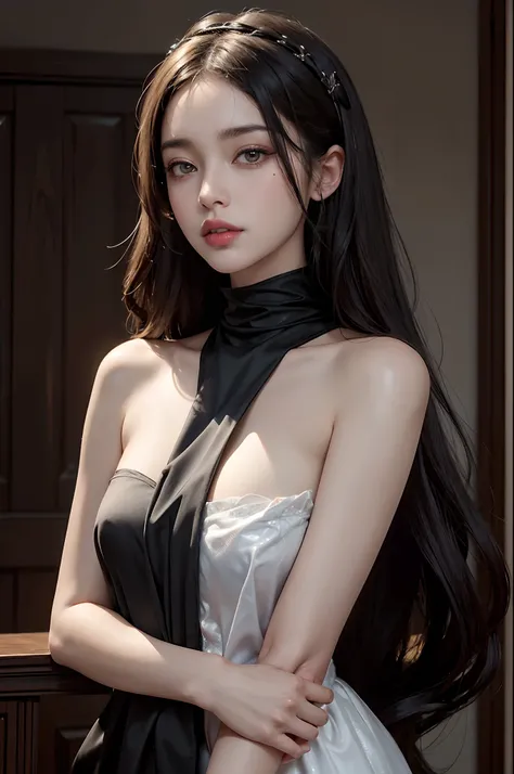 Girl with dark hair, irina, in his twenties, Stylized as a high-top style (1.3 Intensity), is the main subject of a work of art. Her facial features are detailed and realistic, emphasizing her beautiful eyes, well-defined nose, and lips. Irene exudes an au...