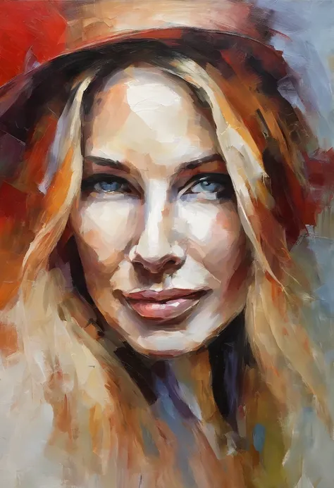 Female portrait, very beautiful woman, long blond hair, smiling eyes, looking right at the point of view, low cut red dress, white hat, acrylic painting, bold and expressive brushwork, impressionistic style, detailed face, epic background, expert lighting ...