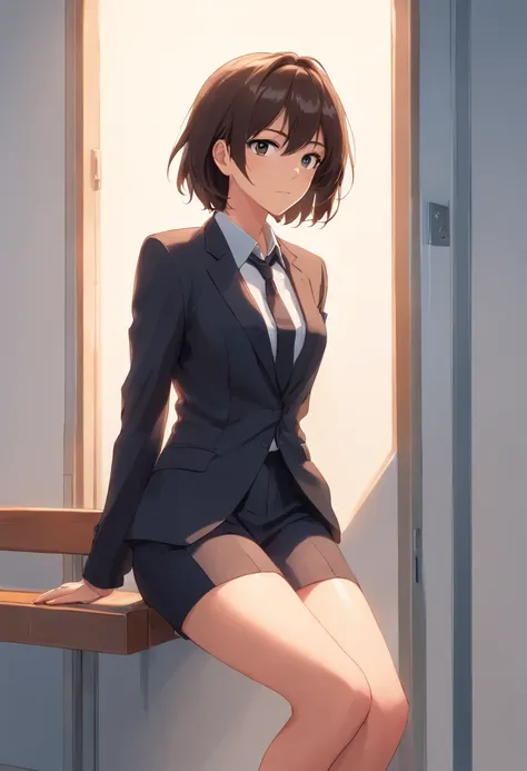 8K delicate perfect true 2D hair long eyes brown young mature woman wearing suit black, legs dressed in black silk, delicate face, Figure mature（photo du corps entier）Leaning against a white wall, looking ahead, son visage est froid