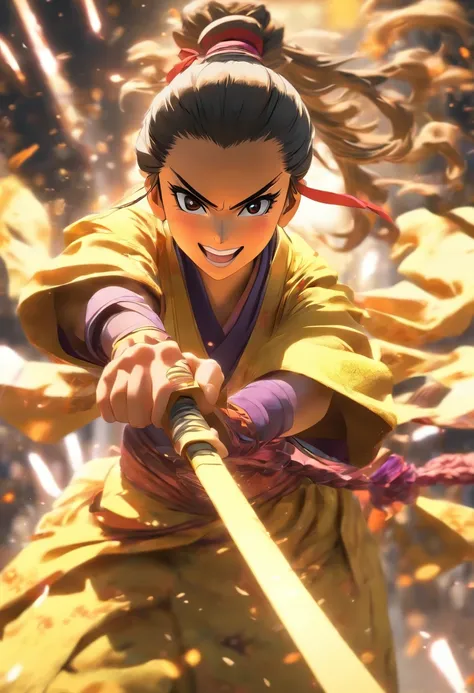 Fullbody shot, from ground level, high velocity, Ultra Realistic Photo, Beautiful model wearing a samurai robe, lighting hands, rendering by octane, elegantly, smiling. Yellow, dark purple, black colors. Ponytail hair.