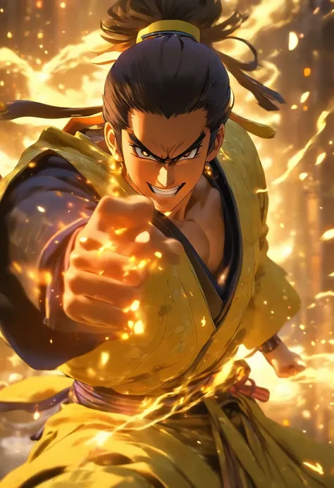 Fullbody shot, from ground level, high velocity, Ultra Realistic Photo, strong male model wearing a samurai robe, lighting hands, rendering by octane, elegantly, smiling. Yellow, dark purple, black colors. Ponytail hair.