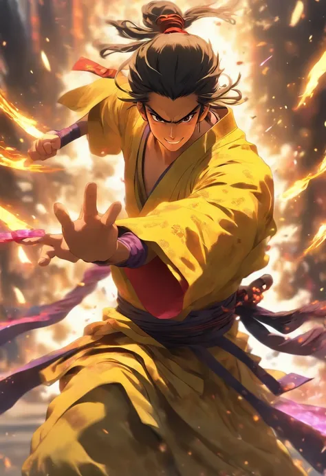 Fullbody shot, from ground level, high velocity, Ultra Realistic Photo, strong male model wearing a samurai robe, lighting hands, rendering by octane, elegantly, smiling. Yellow, dark purple, black colors. Ponytail hair.