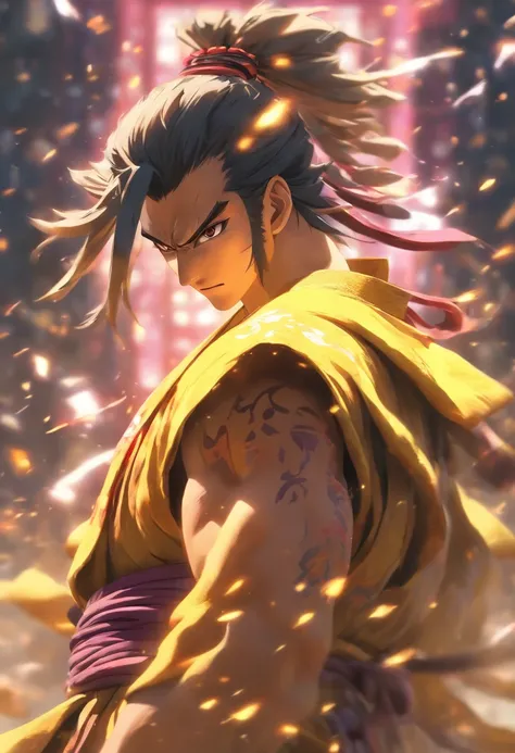 Fullbody shot, from ground level, high velocity, Ultra Realistic Photo, strong male model wearing a samurai robe, lighting hands, rendering by octane, elegantly, smiling. Yellow, dark purple, black colors. Ponytail hair.