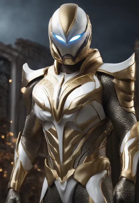 Full body photo of Ultraman in a white and gold armor style suit, White cape, looking at center camera, Perfectcomposition, beautiful detailed intricate insanely detailed octane render trending on artstation, 8 k artistic photography, Arte conceptual fotor...