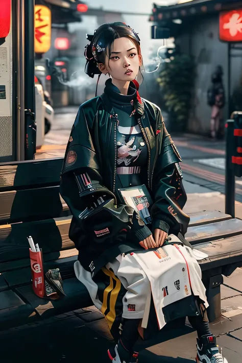 there is a girl standing on a bench talking on a cell phone, wearing japanese techwear, background ( dark _ smokiness ), in style of kar wai wong, smoking a cigarrette🚬, taking a smoke break, style of ade santora, with cigar, wearing cyberpunk 2 0 7 7 jack...