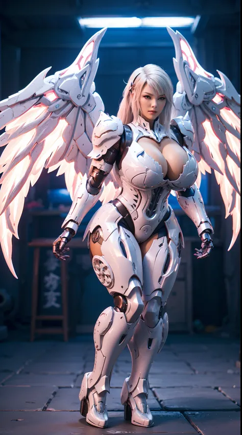 (DRAGON HEAD), HUGE FAKE BOOBS, (BEAUTIFUL FACE), (WHITE HAIR), (PURPLE:1.2, WHITE:0.8, RGB:1), (MECHA ARMORED GEAR), (((A PAIR OF HUGE MECHANICAL WINGS SPREAD OUT))), FUTURISTIC DRAGON MECHA SUIT, (CLEAVAGE), (SKINTIGHT YOGA PANTS), (PERFECT BODY:1.2), (F...