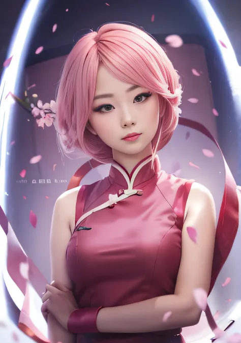 a girl model, pink hair, plane red qipao, beautiful, real human eyes, real clothes, cherry blossom petals falling, realistic, ultra detailed, 70mm lens