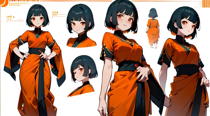 ((((Character Design Sheet)))), (((Character Diagram))), Ayaka Genshin Impact, (Indian anime Girl), Anime girl, Different facial expressions, different poses, anime style, short hair, black hair, red dreamy eyes, ((orange saree)), blouse, wearing saree and...