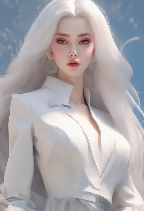 Masterpiece, Highest quality, Solo , (Perfect face:1.1), (High detail:1.1), Dramatic, (1人), Pale skin, (Long pure white hair:1.4), White eyes, Otto Sepalainen, Solo, Long hair, white luxury suit, covered navel, snob, albino, pouty lips, Devil magician, vol...