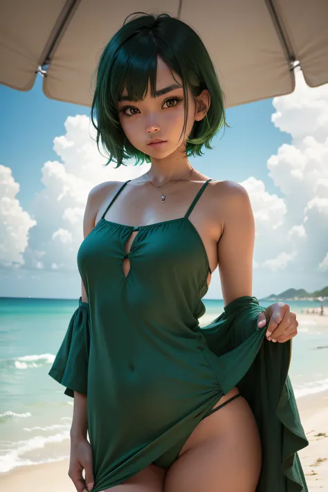 1girl, short green hair, brown eye, in a simple swimsuit, Beach, absurdress, hight resolution, Ultra-spicy, 8K, Masterpiece, looking a viewer, frontal view