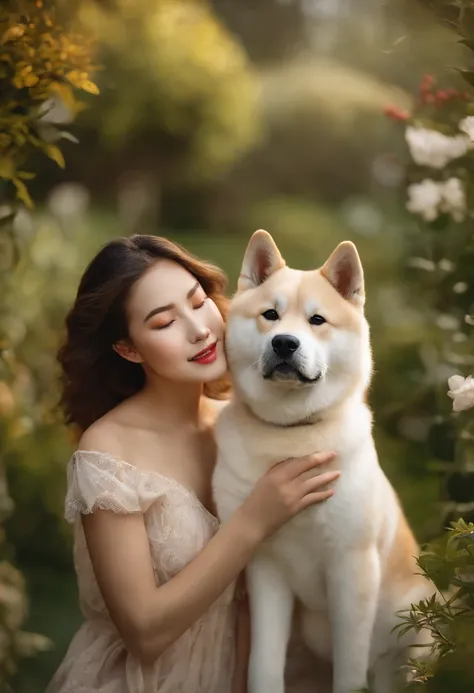 a girl playing with an Akita inu,beautiful detailed eyes,beautiful detailed lips,extremely detailed eyes and face,longeyelashes,soft fur,friendly and playful nature,elegant and majestic appearance,curled tail,black mask on its face,standing in a lush garde...