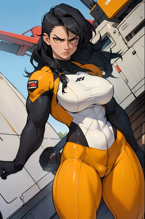 (((muscular 1 girl))) (thick thighs perky breasts wide hips curvy toned body pilot suit bodysuit) angry yellow eyes black hair long hair pale skin