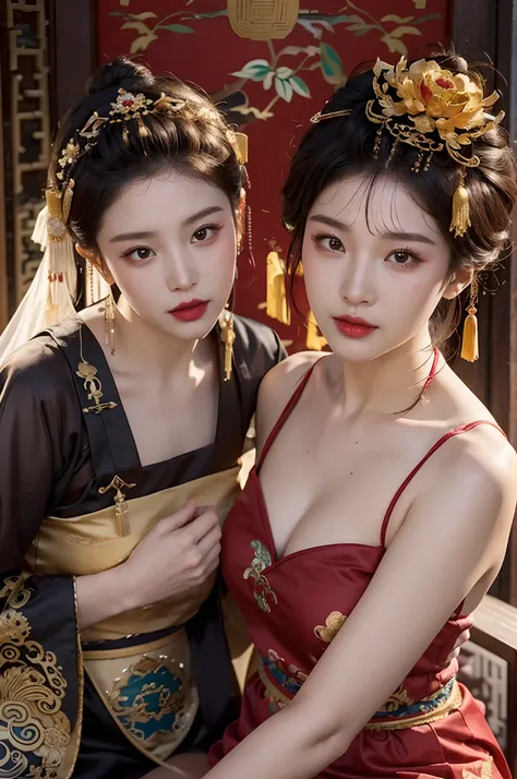 a couple of lesbians sitting together,leering:1.4,Taoist,single hair bun,(An ancient Chinese hairstick on her head:1.5),Use mahogany hairpins,(Revealing a translucent cheongsam),(Urzang-6500-V1.3,PureFace_V1,Octane rendering),Elegant Pose,xxmix girl woman,...