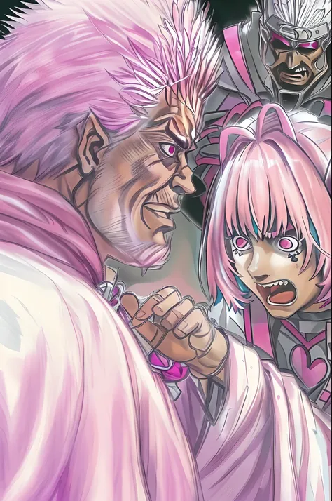 there are two people arguing, (((guts))), (((riamu))) , (((dressed in biblical times clothes))), a old man, dressed in white, arguing with evil looking riamu, (riamu with white biblical clothes), (riamu and guts arguing), ((extreme closeup)), (close up)