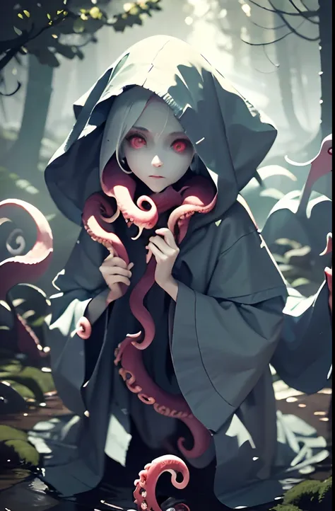 horror girl, cloth, tentacle from under the clothes, tentacles instead of legs, tentacles from the sleeves, hoodie, cloth , ssmi...