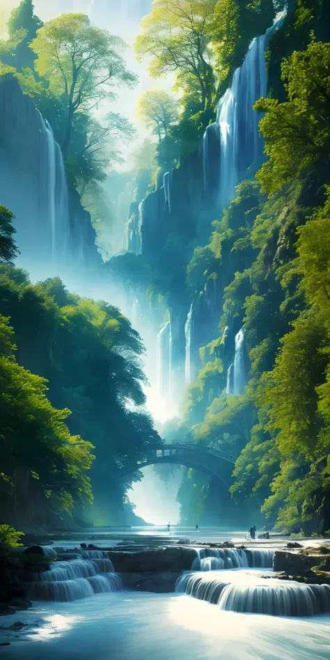 Analog style,ChromaV5,nvinkpunk,(extremely detailed CG unity 8k wallpaper),An image of a majestic river, trees on the sides, tiny waterfall, intense fog ,award winning photography, Chromatic Aberration, Detailed , HDR, Bloom, style by Monet, Pissarro, and ...