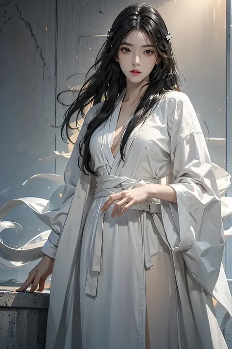 Photorealistic, high resolution, 1womanl, Solo, view the viewer, (Detailed face), Black hair, long whitr hair, White robe