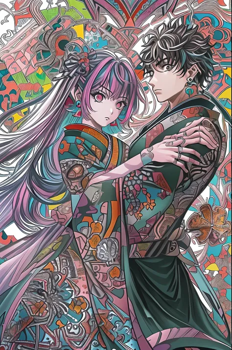 (masterpiece, top quality, best quality, official art, beautiful and aesthetic:1.2), (1girl:1.3), extremely detailed,(fractal art:1.1),(colorful:1.1),highest detailed,(zentangle:1.2), (dynamic pose), (abstract background:1.5), (japanese dress:1.2), (shiny ...