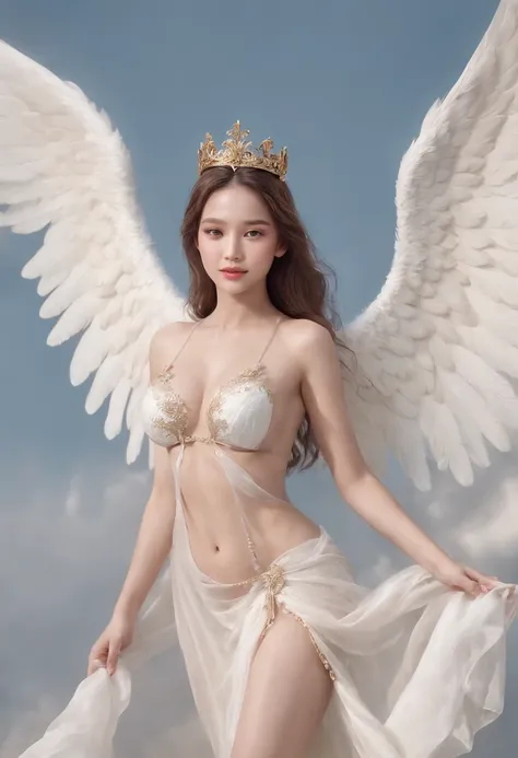 Smiling、blue eyess、He wears a golden crown on his head、Young and beautiful、Flying in the sky、Breasts are big and sexy、Alafed woman in white bikini with wings and necklace, angelic wings on her back, Beautiful Angel, full - body majestic angel, a beautiful ...