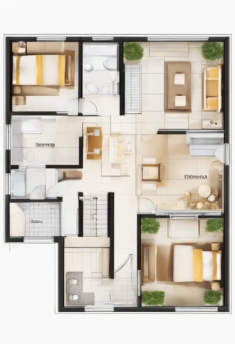 Draw an engineering plan for a 120 square meter house consisting of two bathrooms, a hall, three bedrooms and a kitchen