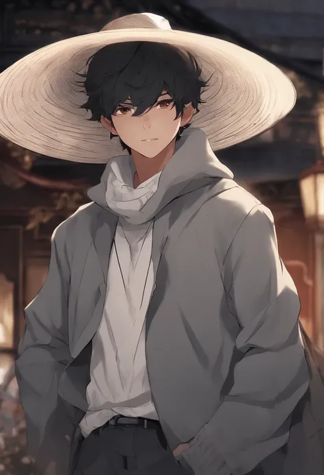 Tall anime asian holding a white fedora over his head while wearing a grey sweater