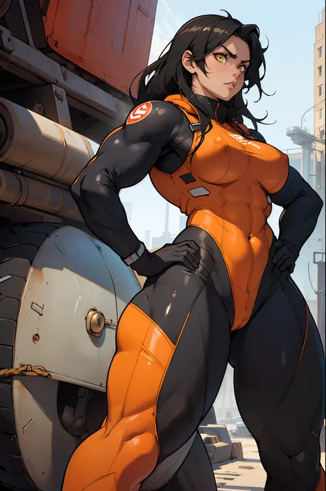 (((((muscular 1 girl))))) ((thick thighs perky breasts wide hips curvy toned body)) (pilot suit bodysuit) angry yellow eyes black hair very long hair pale skin solo