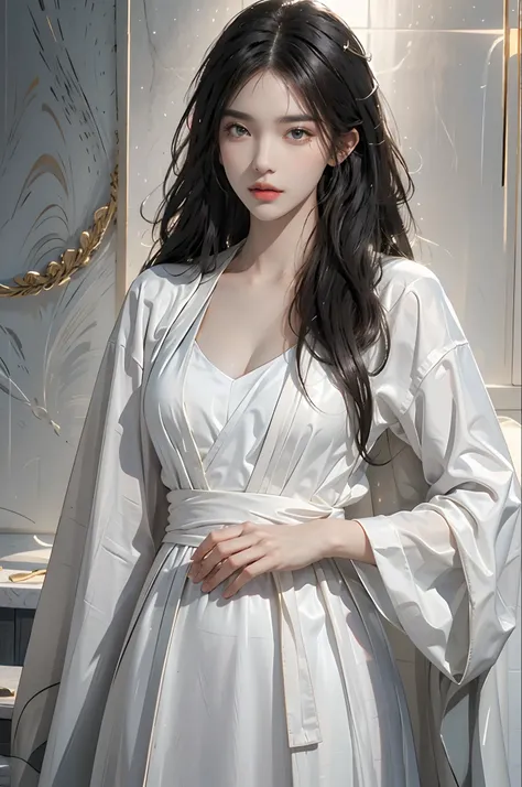 Photorealistic, high resolution, 1womanl, Solo, view the viewer, (Detailed face), Black hair, long whitr hair, White robe,Conservative clothes