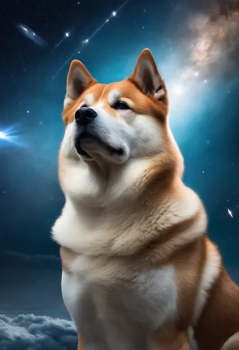 Akita Inu dog with otherworldly beauty from the skies, futuristic with the background with shooting stars