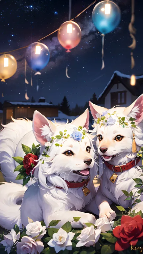 Two beautiful brides, kemono, furry, very detailed body fur, Cute white caravan with white and red roses, diamonds, lots of fairy lights, bunting, balloons, pretty, beautiful, vivid colors, Intricate, Highly detailed, Warm lighting, Sharp focus, beautiful ...