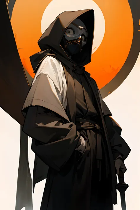 Wearing a deep hood、Work pants、Plain white background、Medieval bandits、a mask figured man、natta、less saturated、Lunette de soleil、Desaturated clothes、