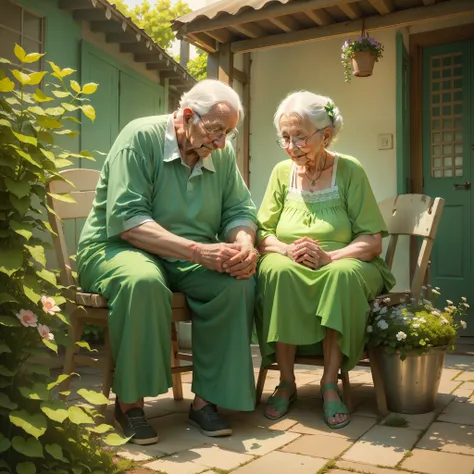 (old granpa and old granma in love with each other, grandma wearing white T-shirt and white pants , grandma wearing a green dress, sitting on their patio together),illustration,acrylic painting,[vibrant colors],[family bonding],[lovely scene],[peaceful atm...