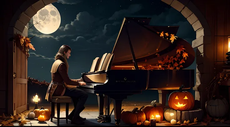 Classic 17th century man playing piano under the moon with pumpkins and autumn leaves everywhere