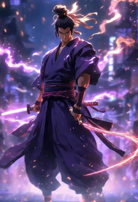 Fullbody shot, from ground level, high velocity, Ultra Realistic Photo, strong male model wearing a samurai robe, lighting hands, rendering by octane, elegantly, smiling, holding a sword, black , dark purple, black colors. Ponytail hair.