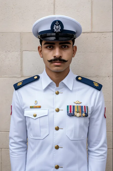 Jovem militar da marinha , uniforme branco com detalhes azuis , masculino ，bigode e cavanhaque , no centro , Papel de parede UHD , 8k