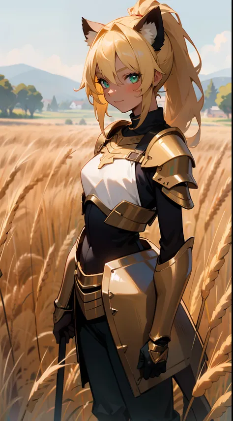 (Original Character,8k, Masterpiece, Best Quality,Detailed, Beautiful Detailed Eyes, solo),1girl ,20s,happy face,black ande golden knight armor,small tits,blonde hair,long hair,ponytail hair,green eyes,blonde Cat ears,((standing in a a rural street with wh...