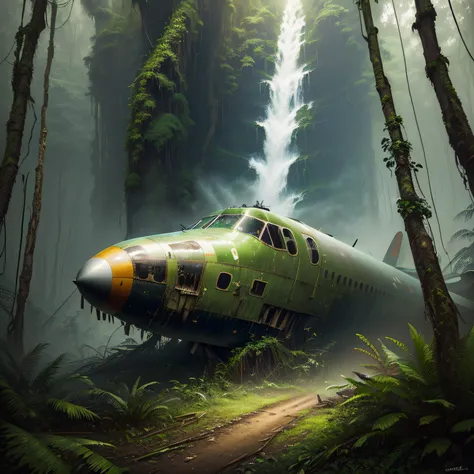 ((best quality)), ((masterpiece)), ((realistic)), (detailed),= rainforest, abandoned airplane crash，cinematic lighting