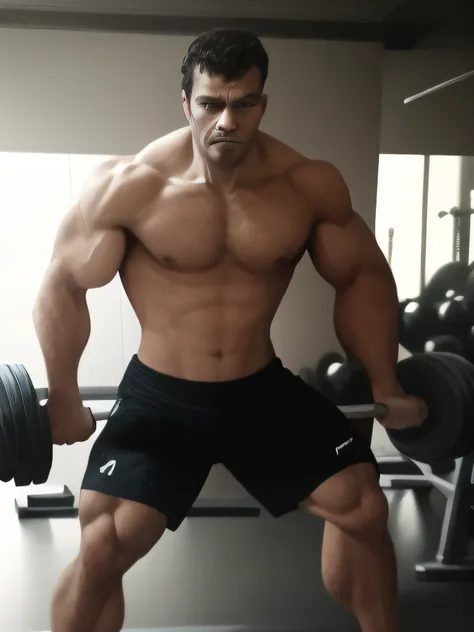 "Create a realistic image in high resolution (8K) of an extremely muscular man in a gym setting. The man should be performing a weightlifting exercise with heavy dumbbells, highlighting your well-defined muscles and protruding veins. O ambiente da academia...