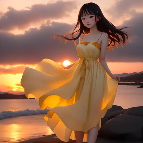 A girl wearing a pale yellow dress，The skirt swayed gently in the breeze。The orange-red glow of the setting sun gently sprinkled on her body，Illuminated her entire body，As if she herself is a part of the sunset